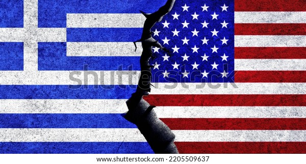 USA and\
Greece flags together. Greece and United States of America\
relation, conflict, crisis, economy\
concept