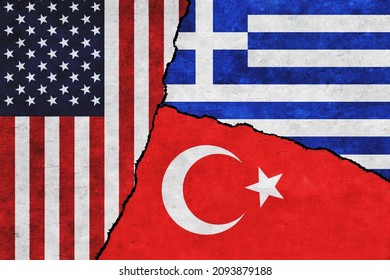 USA, Greece and Turkey painted flags on a wall with a crack. United States of America, Turkey and Greece relations