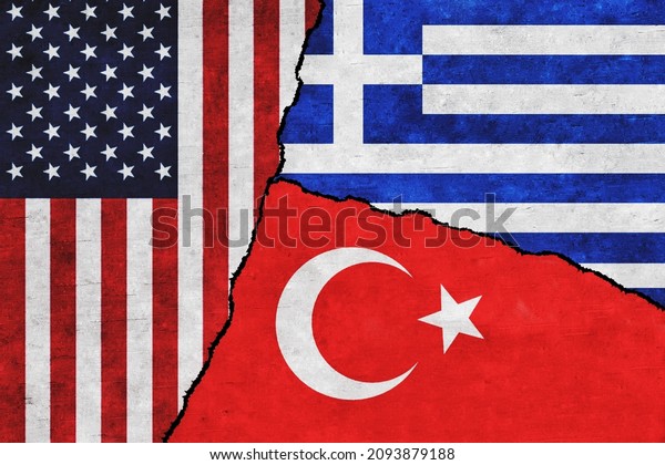 USA,\
Greece and Turkey painted flags on a wall with a crack. United\
States of America, Turkey and Greece\
relations