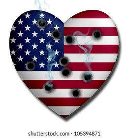 USA Heart With Bullet Holes And Smoke Isolated On White