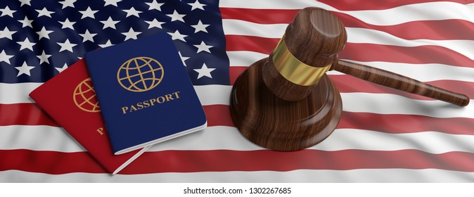 USA Immigration Law. Two Passports And A Judge Gavel On US Of America Flag Background, Banner. 3d Illustration