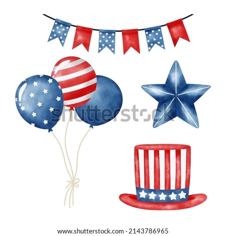 USA Independence Day elements set with american national flag, balloons, hat design. Celebration party poster, advertisement, web template, banner for sale. 4th of July 