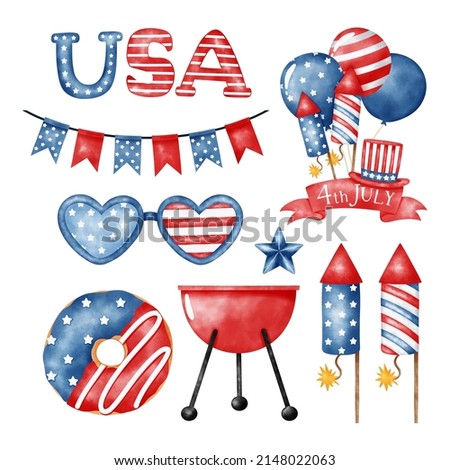 USA Independence Day elements set with american national flag, sweets, balloons, hand lettering text design. Celebration party poster, advertisement, web template, banner for sale. 4th of July 