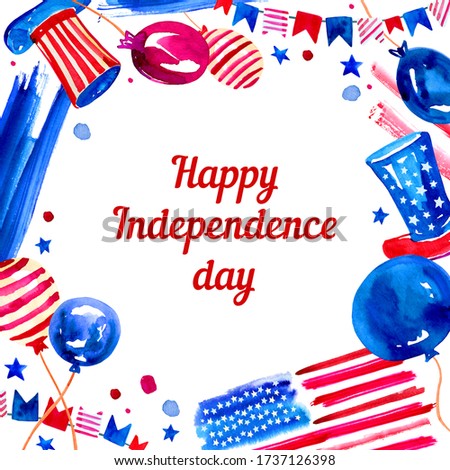 USA Independence day rectangular frame with balloons, hats and decorations. Hand drawn watercolor sketch illustration