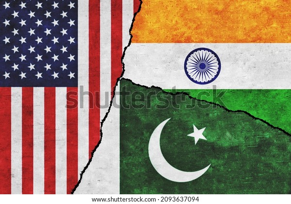 USA,\
India and Pakistan painted flags on a wall with a crack. United\
States of America, Pakistan and India\
relations