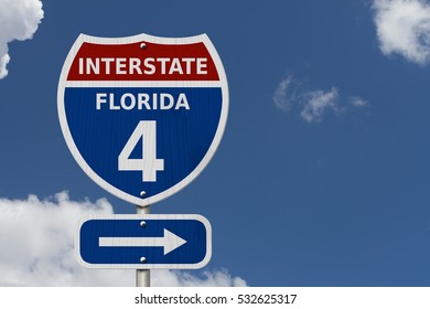 USA Interstate 4 highway sign, Red, white and blue interstate highway road sign with number 4 with sky background 3D Illustration