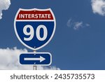 USA Interstate 90 highway sign, Red, white and blue interstate highway road sign with number 90 with sky 3D Illustration 