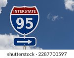 USA Interstate 95 highway sign, Red, white and blue interstate highway road sign with number 95 with sky background 3D Illustration 