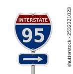 USA Interstate 95 highway sign, Red, white and blue interstate highway road sign with number 95 isolated over white 3D Illustration 