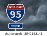 USA Interstate 95 highway sign, Red, white and blue interstate highway road sign with number 95 with stormy sky 3D Illustration 