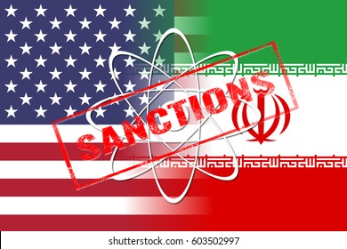 USA And Iran Flags With Peaceful Atom Sign And Sanctions Stamp