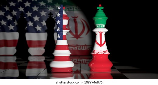 USA And Iran Relationship. US America And Iran Flags On Chess Kings On A Chess Board. 3d Illustration