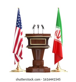 USA And Iranian Flags .Briefing Of President. Podium Speaker Tribune. 3d Illustration Flag