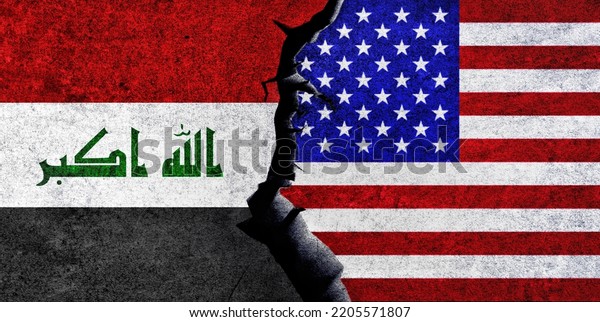 USA and Iraq flags together. Iraq and United States\
of America relation, conflict, war crisis, economy concept. USA vs\
Iraq