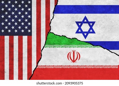 USA, Israel and Iran painted flags on a wall with a crack. United States of America, Israel and Iran relations