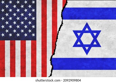 USA and Israel painted flags on a wall with a crack. USA and Israel conflict. Israel and United States of America flags together. USA vs Israel