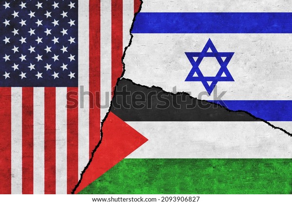 USA,\
Israel and Palestine painted flags on a wall with a crack. United\
States of America, Israel and Palestine\
relations