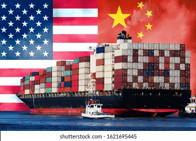 USA - JANUARY 21, 2020:  Concept on trade relations between United States and China. US duties to China. Trade agreements between the US and China. US-China trade war. United States flag. China flag.
