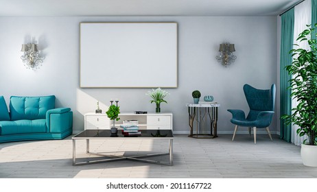 USA - July 17, 2021: Stylish Room Mockup For Picture Art Presentation, Photorealistic 3D Illustration Of The Interior, Suitable For Using In Video Conference And As A Zoom Background.
