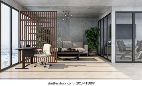 USA - July 26, 2021: Stylish modern office, photorealistic 3D Illustration of the interior, suitable for using in video conference and as a virtual background.