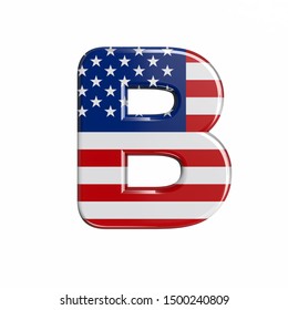 USA letter B - Upper-case 3d american flag font isolated on white background. This alphabet is perfect for creative illustrations related but not limited to American way of life, politics , economics.