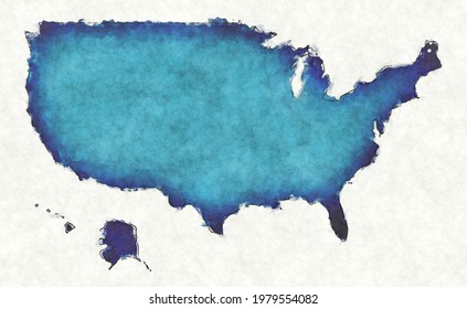 USA map with drawn lines and blue watercolor illustration