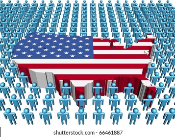 USA Map Flag Surrounded By Many Abstract People Illustration