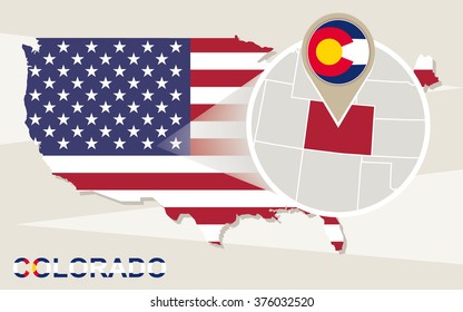 USA map with magnified Colorado State. Colorado flag and map. Rasterized Copy.