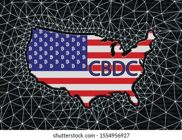 USA Map Silhouette With Bitcoin Sign On The Map, On A Black Background, With A Digital Blockchain Grid. US Digital Currency Concept.