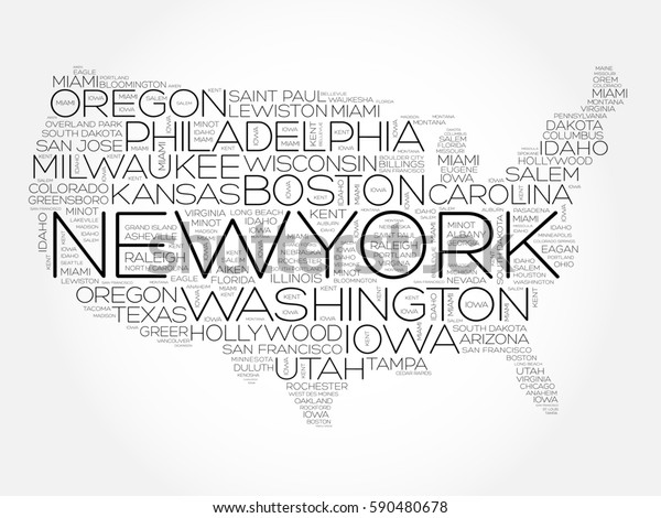 Usa Map Word Cloud Most Important Stock Illustration 590480678