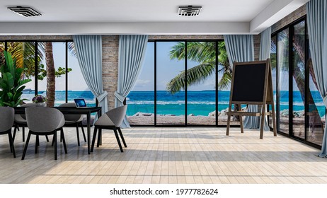 USA - May 21, 2021: Stylish Office With Tropical Beach View In Windows, Photorealistic 3D Illustration Of The Interior, Suitable For Using In Video Conference And As A Zoom Background.