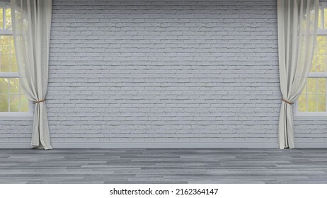 USA - May 31, 2022: Stylish Empty Room With White Brick Wall, Curtains And Sunny Windows, Realistic 3D Illustration Of The Interior, Suitable For Using In Video Conference And As A Virtual Background.