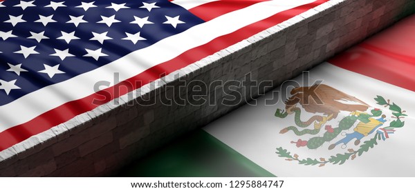 USA and Mexico split. Border wall\
between US of America and Mexico flags. 3d\
illustration