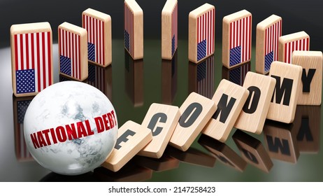 USA And National Debt, Economy And Domino Effect - Chain Reaction In USA Set Off By National Debt Causing A Crash - Economy Blocks And USA Flag, 3d Illustration