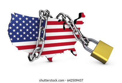 USA National Security Concept With US Flag Map Icon Locked With A Chain And Padlock 3D Illustration On White Background.