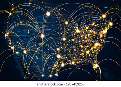 USA network connection covering the nation with lines of innovative perception . Concept of 5G wireless digital connection and future in the internet of things .
