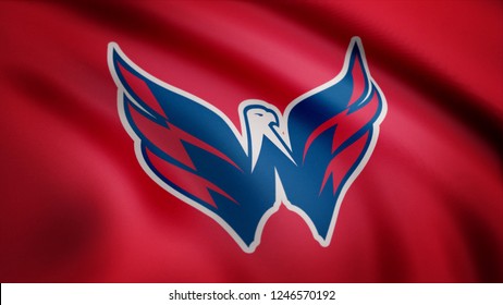 USA - NEW YORK, 12 August 2018: Waving flag with Washington Capitals NHL hockey team logo. Close-up of waving flag with Hockey Washington Capitals club logo, seamless loop. Editorial footage