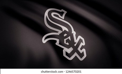 USA - NEW YORK, 12 August 2018: Waving flag with Chicago White Sox professional team logo. Close-up of waving flag with Chicago White Sox baseball team logo, seamless loop. Editorial footage