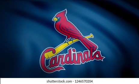 USA - NEW YORK, 12 August 2018: Waving flag with St. Louis Cardinals professional team logo. Close-up of waving flag with Baseball St. Louis Cardinals club logo, seamless loop. Editorial footage