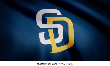 USA - NEW YORK, 12 August 2018: Waving flag with San Diego Padres professional team logo. Close-up of waving flag with Baseball San Diego Padres club logo, seamless loop. Editorial footage