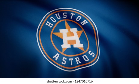 USA - NEW YORK, 12 August 2018: Waving flag with Houston Astros professional team logo. Close-up of waving flag with Houston Astros baseball team logo, seamless loop. Editorial footage