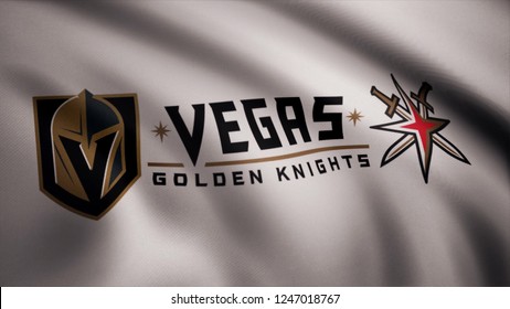 USA - NEW YORK, 12 August 2018: Waving flag with Vegas Golden Knights NHL hockey team logo. Close-up of waving flag with Vegas Golden Knights NHL hockey team logo, seamless loop. Editorial footage