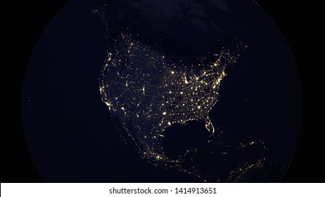 USA North American Map City Lights  Night, 3d Illustration - Elements Of This Image Furnished By NASA