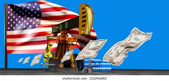 USA Oil Industry. Import Of Oil From America. Oil Pump In Front USA Flag. Dollars Symbolize Profit From Sale Of Fuel. Barrels Fuels On Blue. Extraction Of Energy Resources In United States. 3d Image