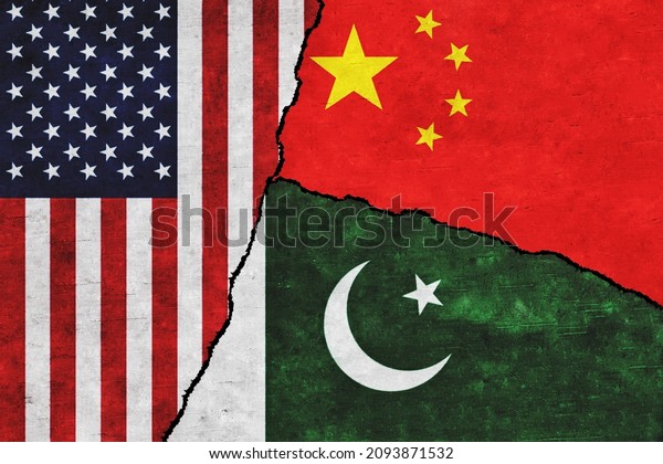 USA,\
Pakistan and China painted flags on a wall with a crack. United\
States of America, China and Pakistan\
relations