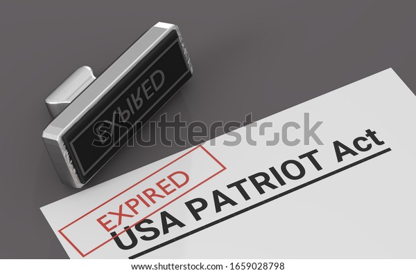 USA PATRIOT act\
expiration date event 3d illustration. Paper with header and stamp\
with red word\
expired.