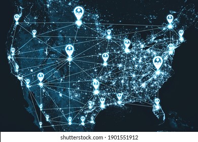 USA People network and national connection in innovative perception. Business people with modern graphic interface linking many people around country by social media to connect international business.
