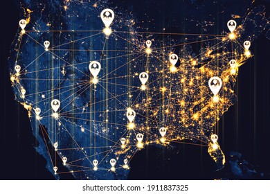 USA People network and national connection in innovative perception. Business people with modern graphic interface linking many people around country by social media . 3D illustration .