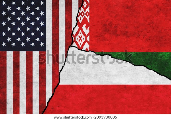 USA,\
Poland and Belarus painted flags on a wall with a crack. United\
States of America, Belarus and Poland\
relations