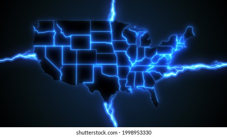 USA Power Grid - Animation Of Blue Lightning Styled Electrical Arcs Powering The United States Of America, Illustrating Electrical Energy Generation, Renewable Sources Of Power And Energy Crisis